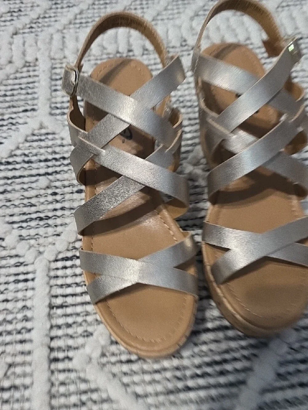 Metallic Silver Strappy Cork Wedge Sandals - Women